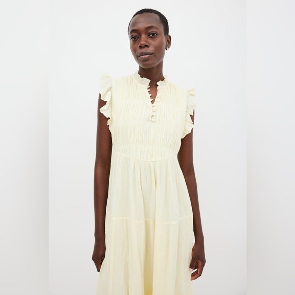 ba&sh Noah Shirred Midi Dress in Jaunde Yellow - Picture 3 of 16